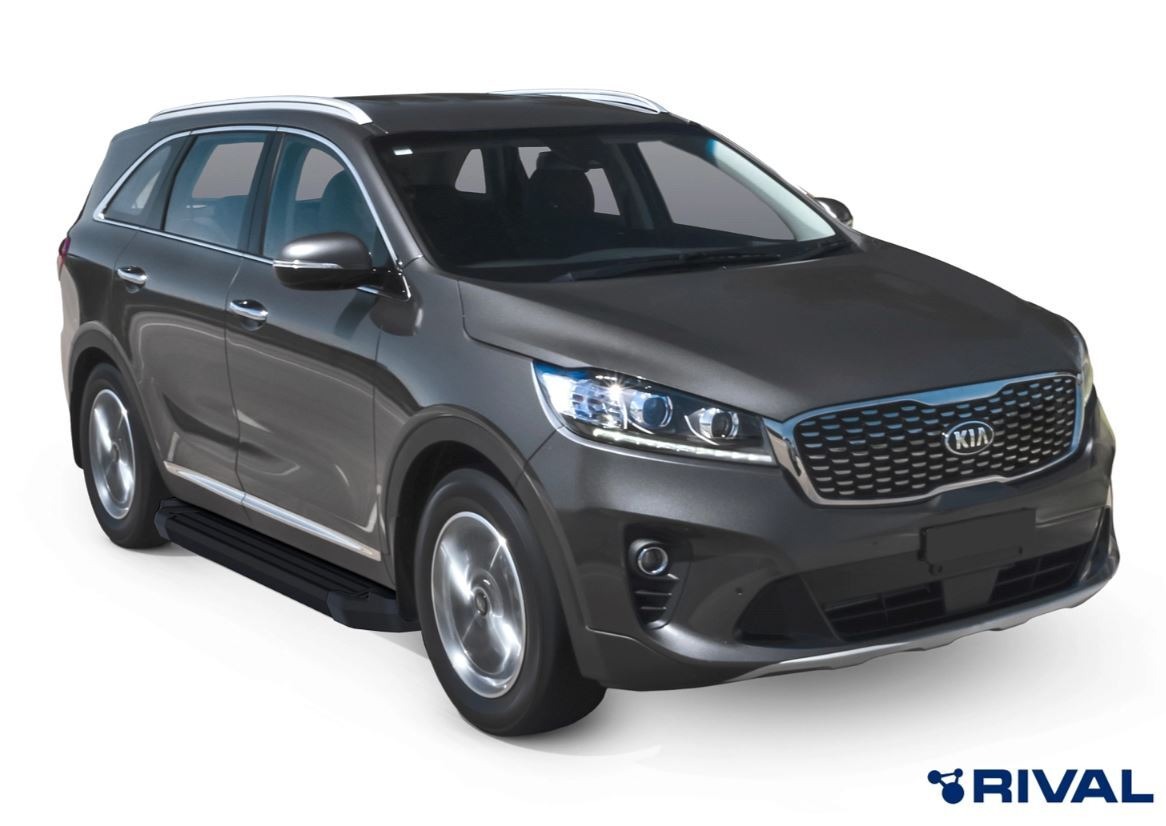 Порог-площадка Rival Black F180ALB c комплект крепежа для Kia Sorento Prime (UM рестайлинг)