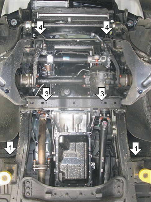 Защита алюминиевая Мотодор для картера двигателя, переднего дифференциала, КПП на Mitsubishi Pajero Sport II фото 3