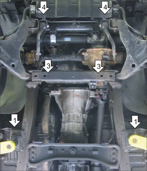Защита алюминиевая Мотодор для картера двигателя, переднего дифференциала и КПП на Mitsubishi Pajero Sport фото 3