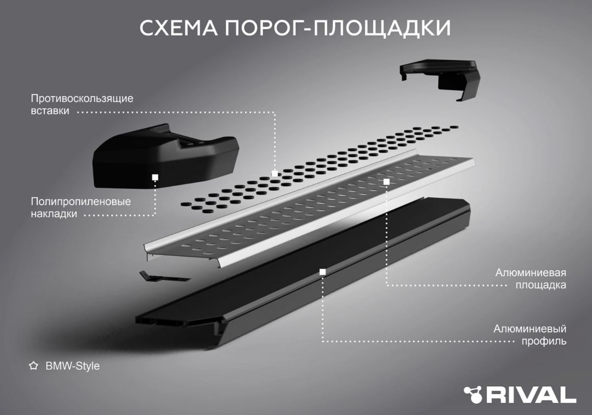 Порог-площадка Rival BMW-Style D173AL c комплектом крепежа для Geely Coolray (SX11) и Belgee X50 фото 7